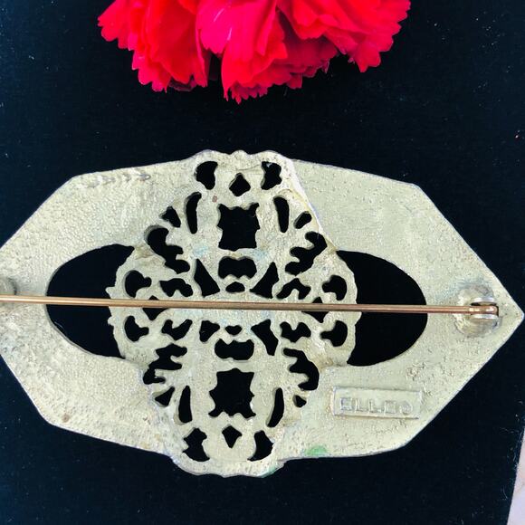 Vintage Signed ELLE Green Enamel Filigree Dark Gold Brooch Pin - Picture 4 of 5